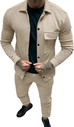 Men's Twill Texture Two Piece Set Long Sleeve Button Down Pocket Jacket Drawstring Trousers Solid Color Jacquard Loungewear