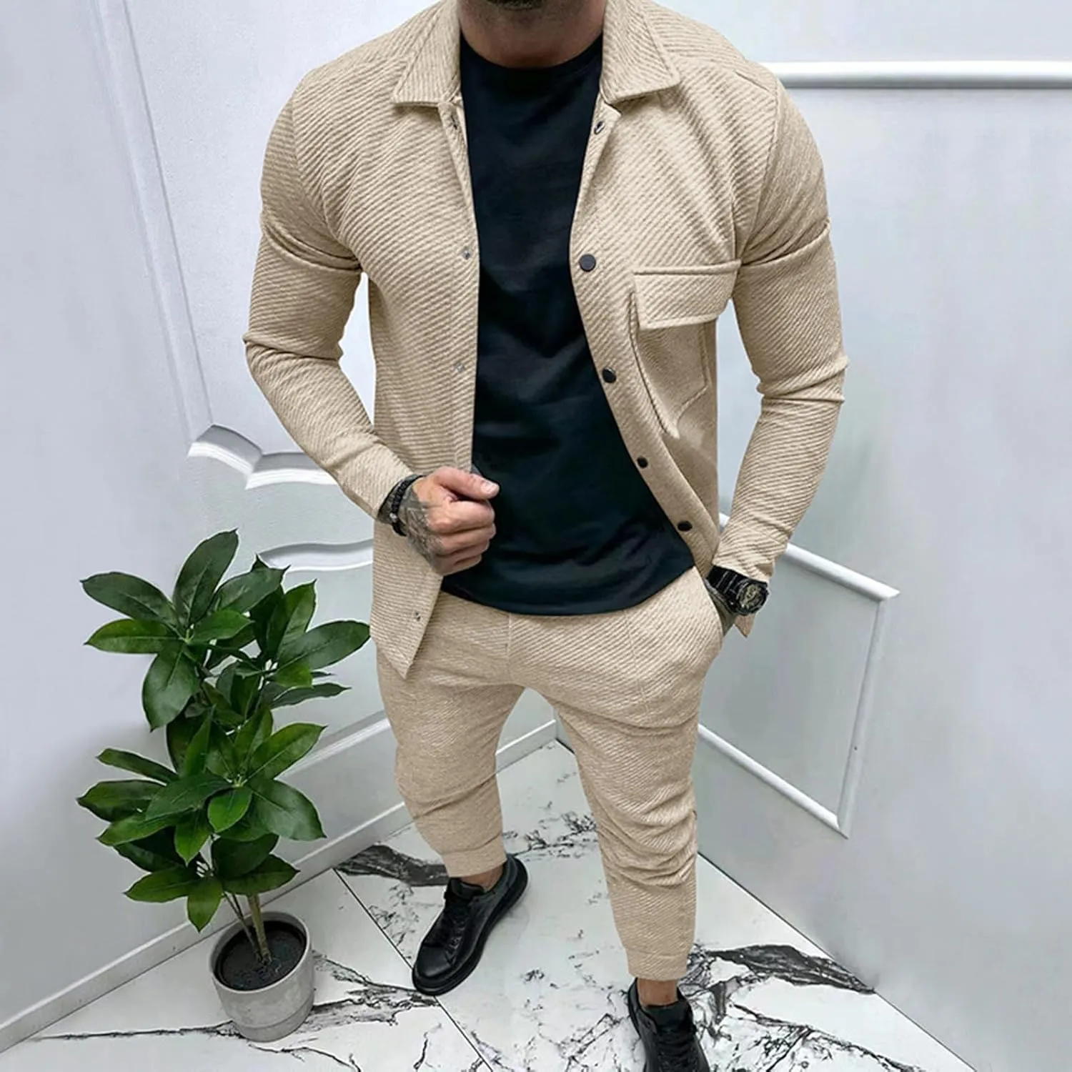 Men's Twill Texture Two Piece Set Long Sleeve Button Down Pocket Jacket Drawstring Trousers Solid Color Jacquard Loungewear