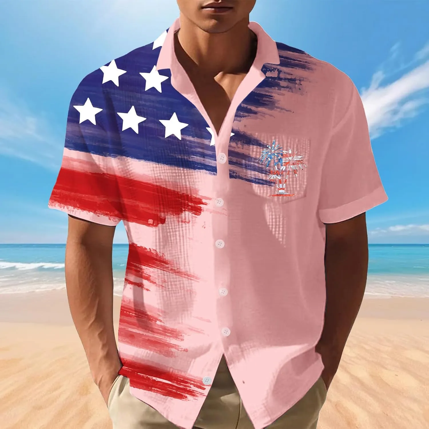 Men's USA Flag Short Sleeve American Patriotic Shirt Button Down Shirt 4th of July Independence Day Tshirt Top