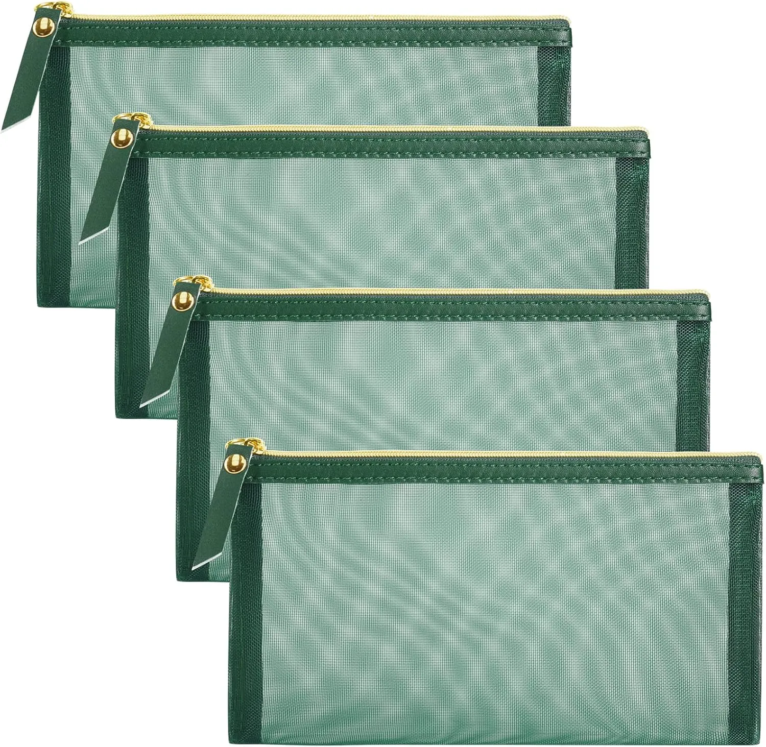 Mesh Cosmetic Bag, 4pcs Nylon Makeup Pouches with Leather Pull and Golden Zipper for Purse Diaper Bag (Emerald Green)