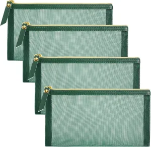 Mesh Cosmetic Bag, 4pcs Nylon Makeup Pouches with Leather Pull and Golden Zipper for Purse Diaper Bag (Emerald Green)