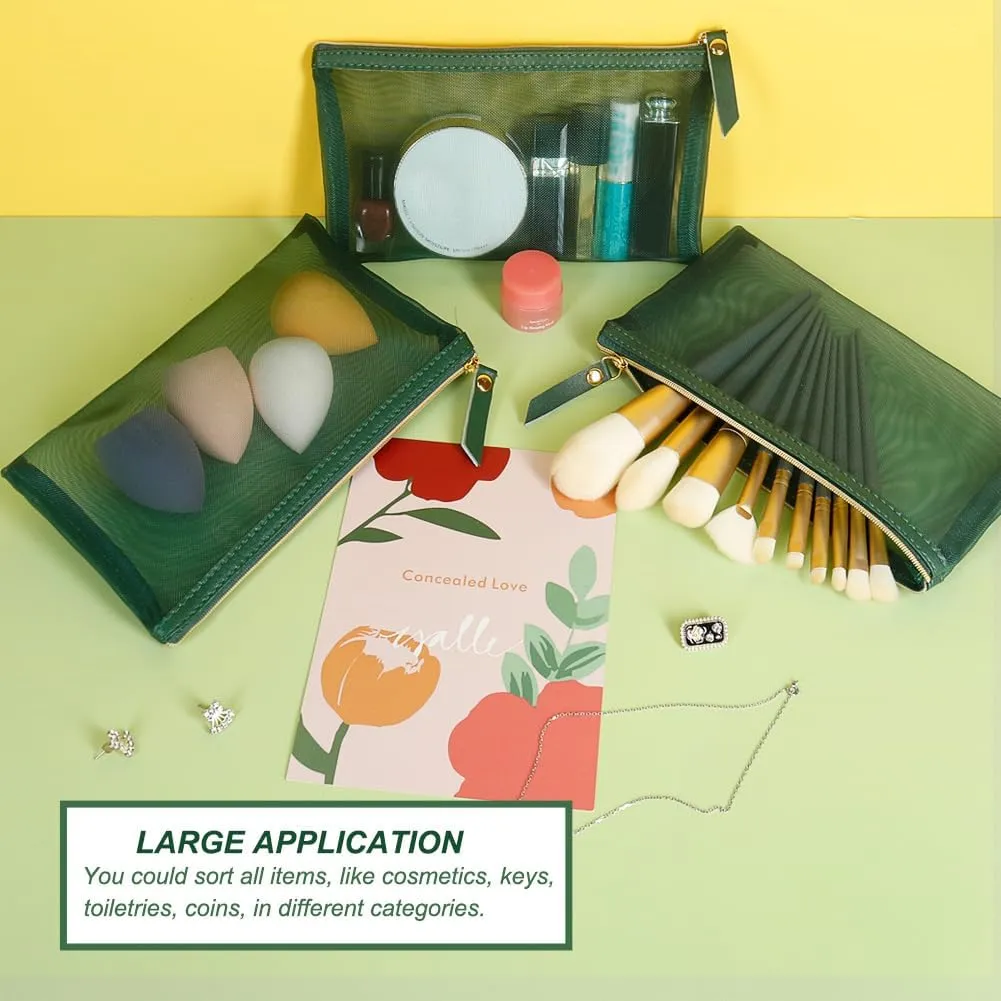 Mesh Cosmetic Bag, 4pcs Nylon Makeup Pouches with Leather Pull and Golden Zipper for Purse Diaper Bag (Emerald Green)