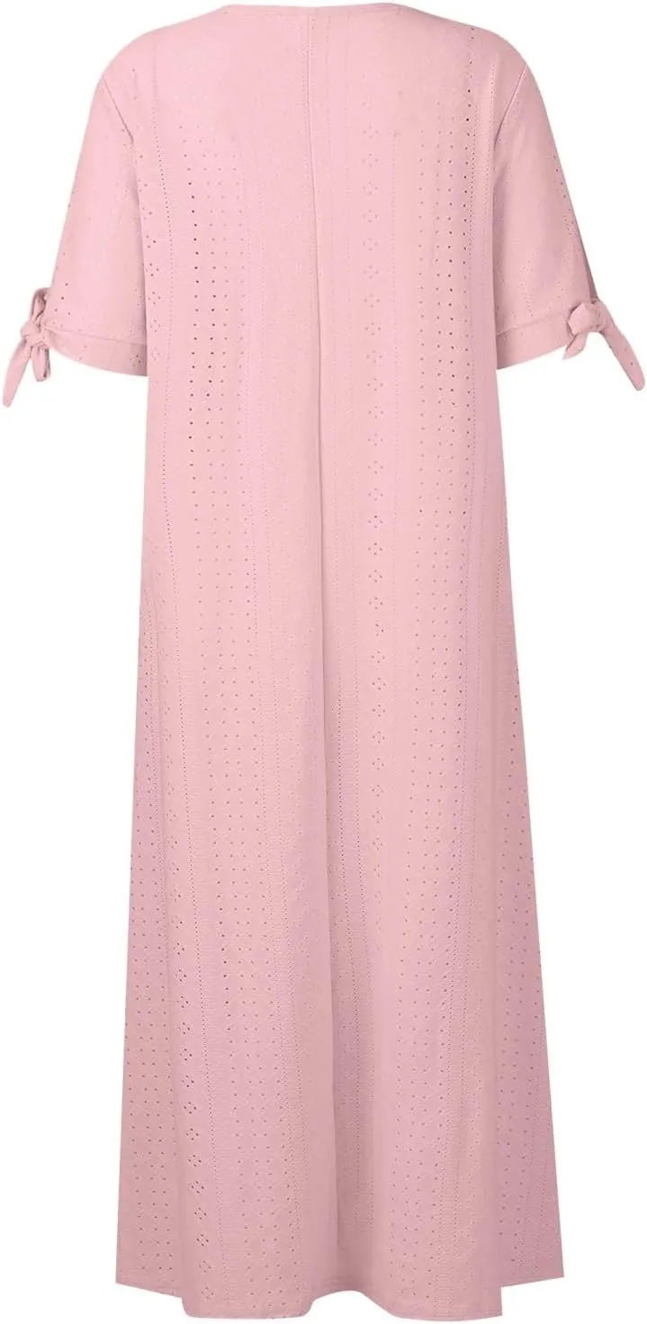 midelxp Summer Long Dresses for Women 2025 Trendy Stretchy Hollow Out Short Sleeve Tshirt Dress Casual Beach Vacation Dress