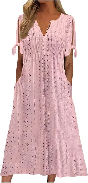 midelxp Summer Long Dresses for Women 2025 Trendy Stretchy Hollow Out Short Sleeve Tshirt Dress Casual Beach Vacation Dress