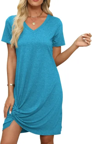 Miselon Tshirt Dresses for Women - Short Sleeve V Neck Knot T Shirt Dress Casual Summer Beach Sundresses