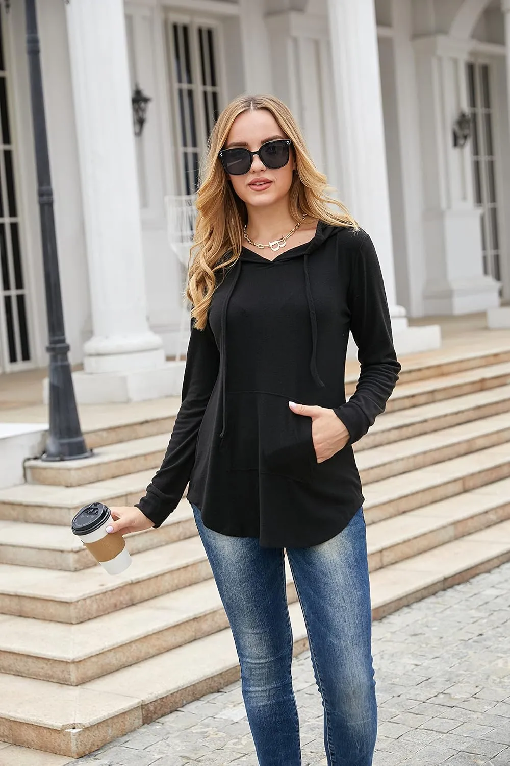 Nandashe Women Pullover V-Neck Long Sleeve Kangaroo Pocket Tunic Hoodies