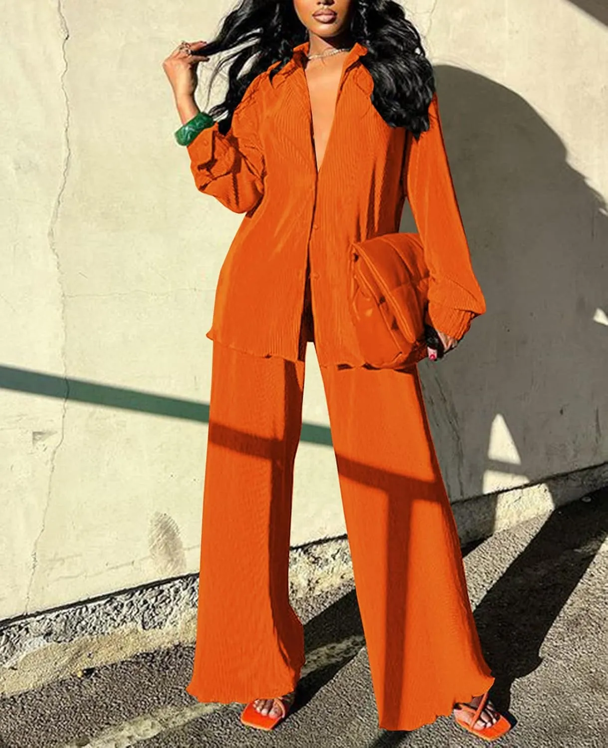 Neyaolk Women Pleated 2 Piece Pants Outfits Casual Loose Button Shirt Blouse Top Long Wide Leg Palazzo Pants Set Jumpsuit