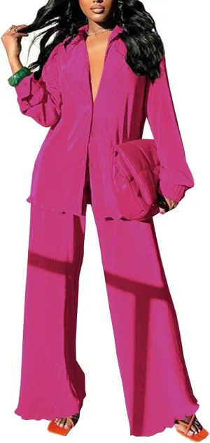 Neyaolk Women Pleated 2 Piece Pants Outfits Casual Loose Button Shirt Blouse Top Long Wide Leg Palazzo Pants Set Jumpsuit