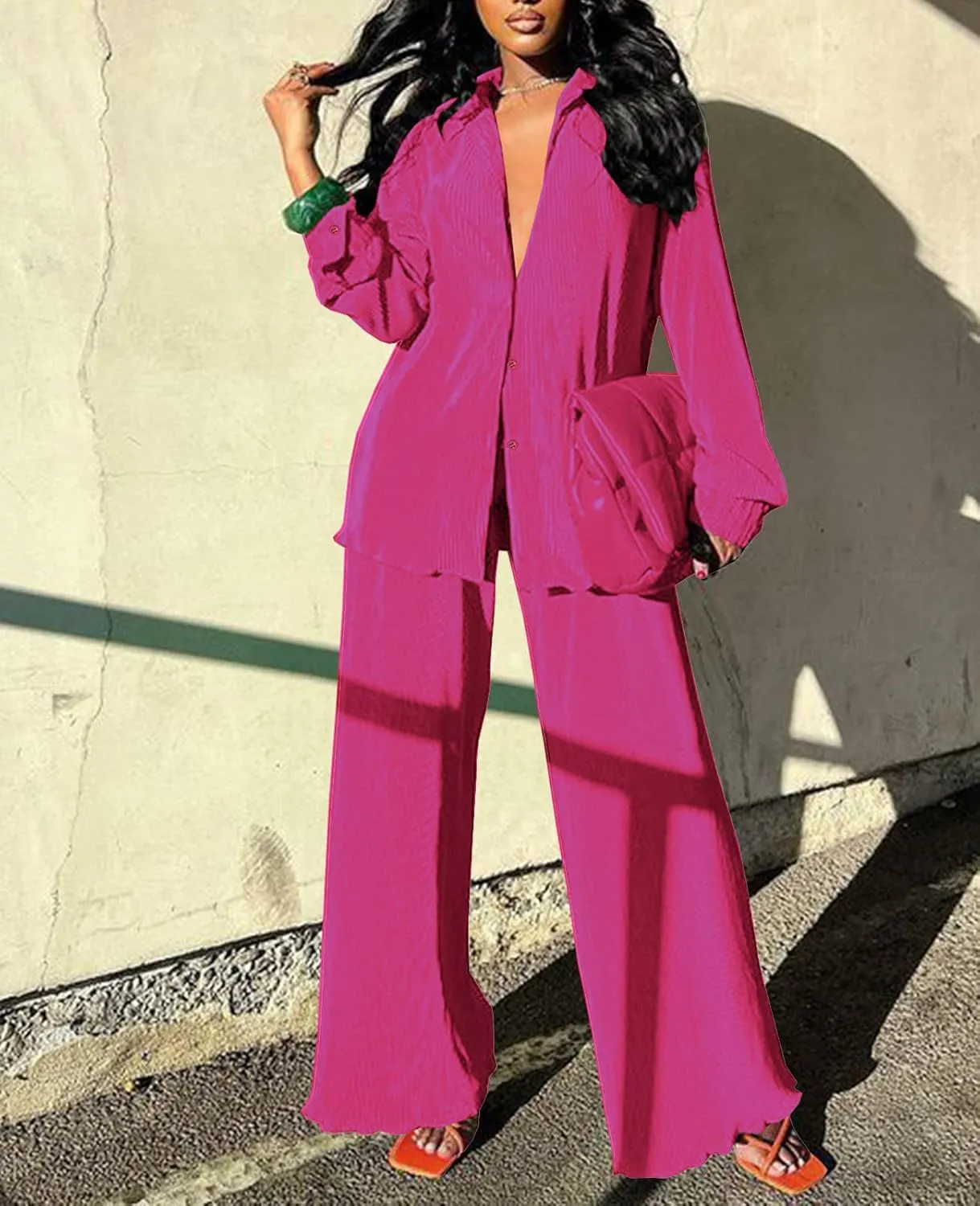 Neyaolk Women Pleated 2 Piece Pants Outfits Casual Loose Button Shirt Blouse Top Long Wide Leg Palazzo Pants Set Jumpsuit