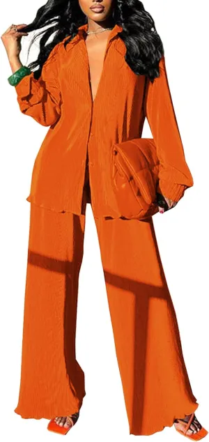 Neyaolk Women Pleated 2 Piece Pants Outfits Casual Loose Button Shirt Blouse Top Long Wide Leg Palazzo Pants Set Jumpsuit