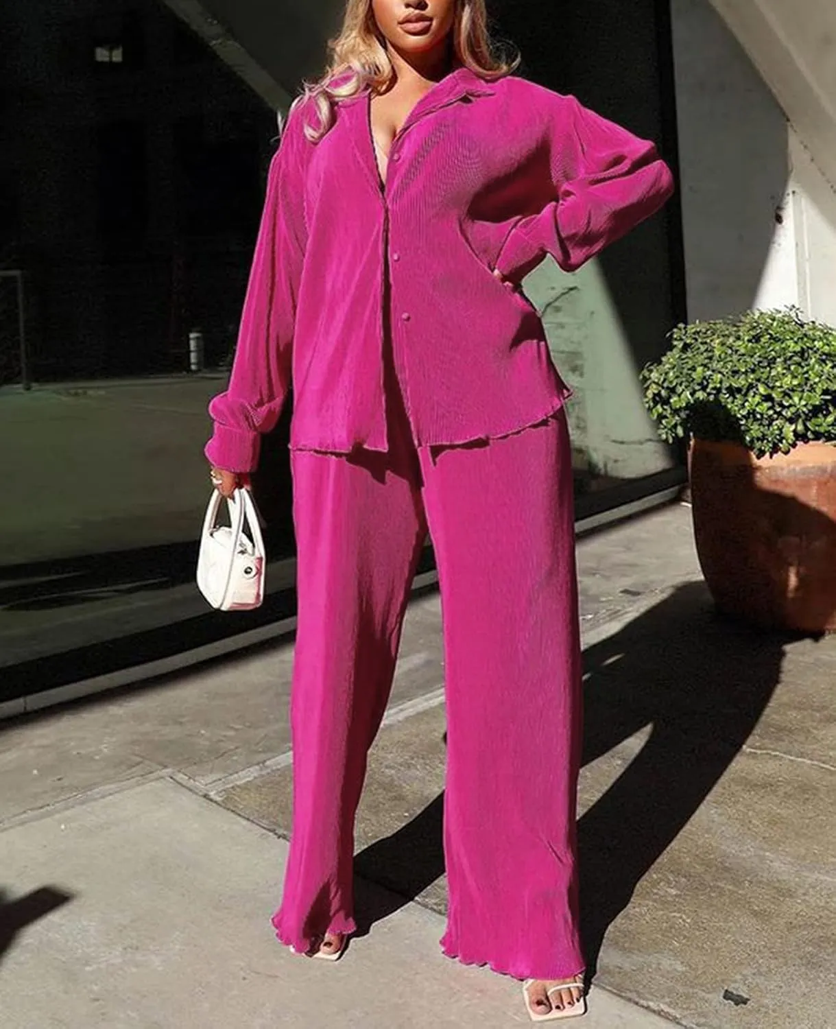 Neyaolk Women Pleated 2 Piece Pants Outfits Casual Loose Button Shirt Blouse Top Long Wide Leg Palazzo Pants Set Jumpsuit