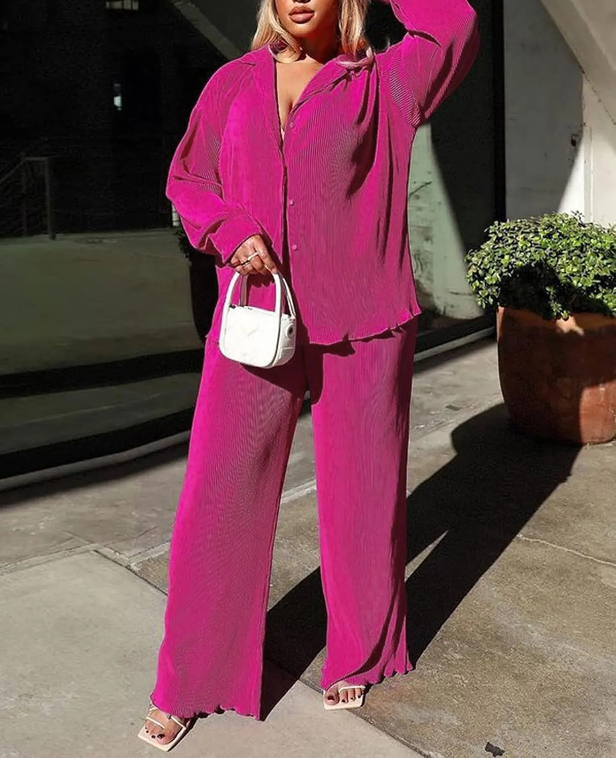 Neyaolk Women Pleated 2 Piece Pants Outfits Casual Loose Button Shirt Blouse Top Long Wide Leg Palazzo Pants Set Jumpsuit