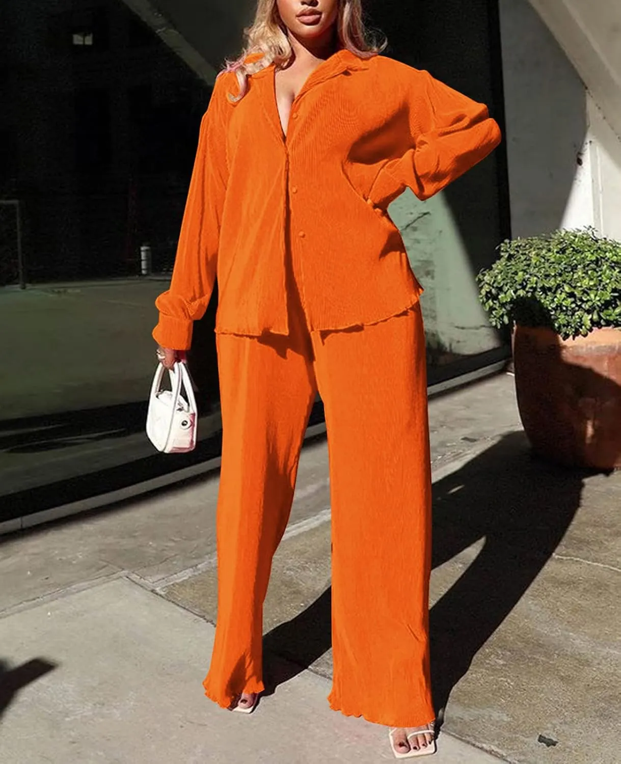 Neyaolk Women Pleated 2 Piece Pants Outfits Casual Loose Button Shirt Blouse Top Long Wide Leg Palazzo Pants Set Jumpsuit