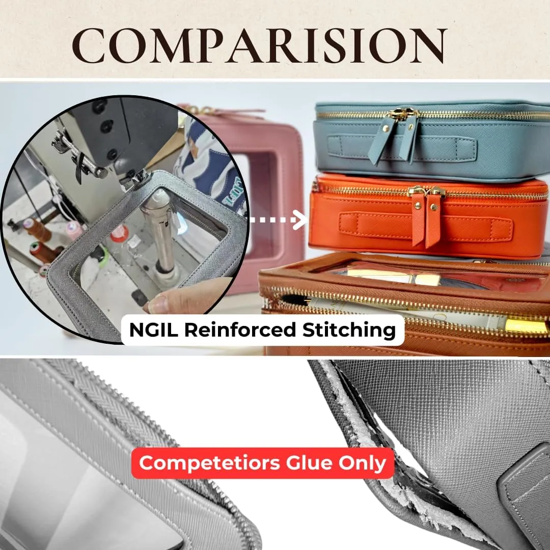 NGIL Clear Faux Leather Travel Toiletry Bag, Makeup Bag Organizer for Women, Clear Window & Gold Zipper Makeup Bag, Road Trip Essential, Skincare, Cruise Ship Essentials (Pink)
