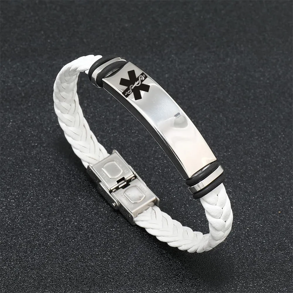 Non Epileptic Seizure Bracelet Mens Womens Stainless Steel Braided Leather Medical Alert Wristband Sos ICE Personalized Customized Medical ID Bracelet Awareness Emergency with Medic Card