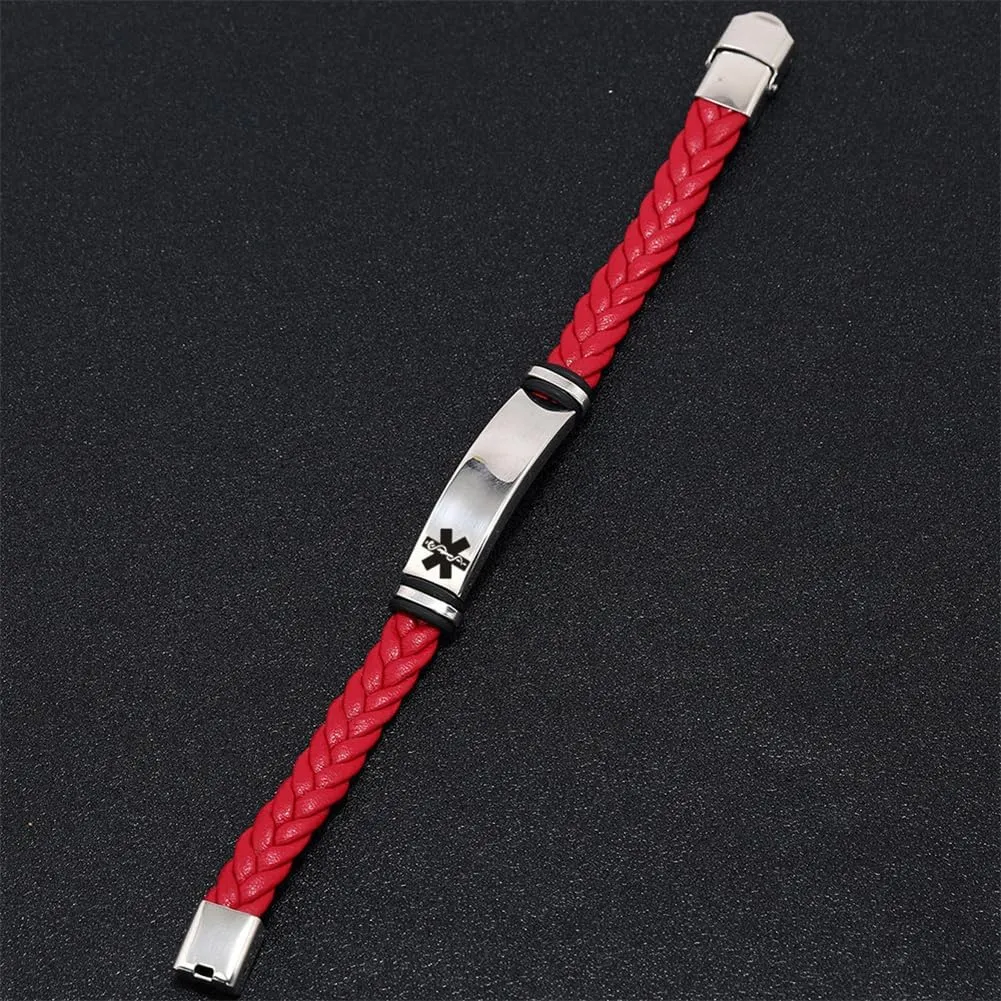 Non Epileptic Seizure Bracelet Mens Womens Stainless Steel Braided Leather Medical Alert Wristband Sos ICE Personalized Customized Medical ID Bracelet Awareness Emergency with Medic Card
