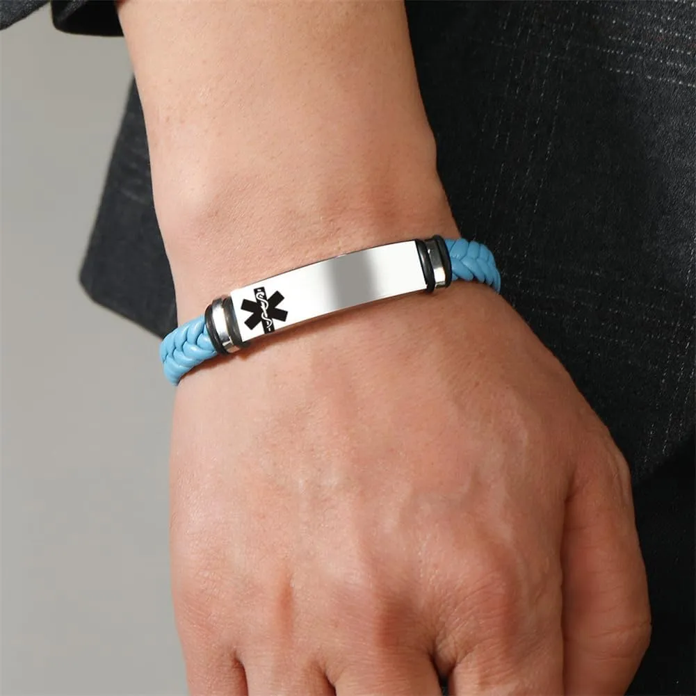 Non Epileptic Seizure Bracelet Mens Womens Stainless Steel Braided Leather Medical Alert Wristband Sos ICE Personalized Customized Medical ID Bracelet Awareness Emergency with Medic Card