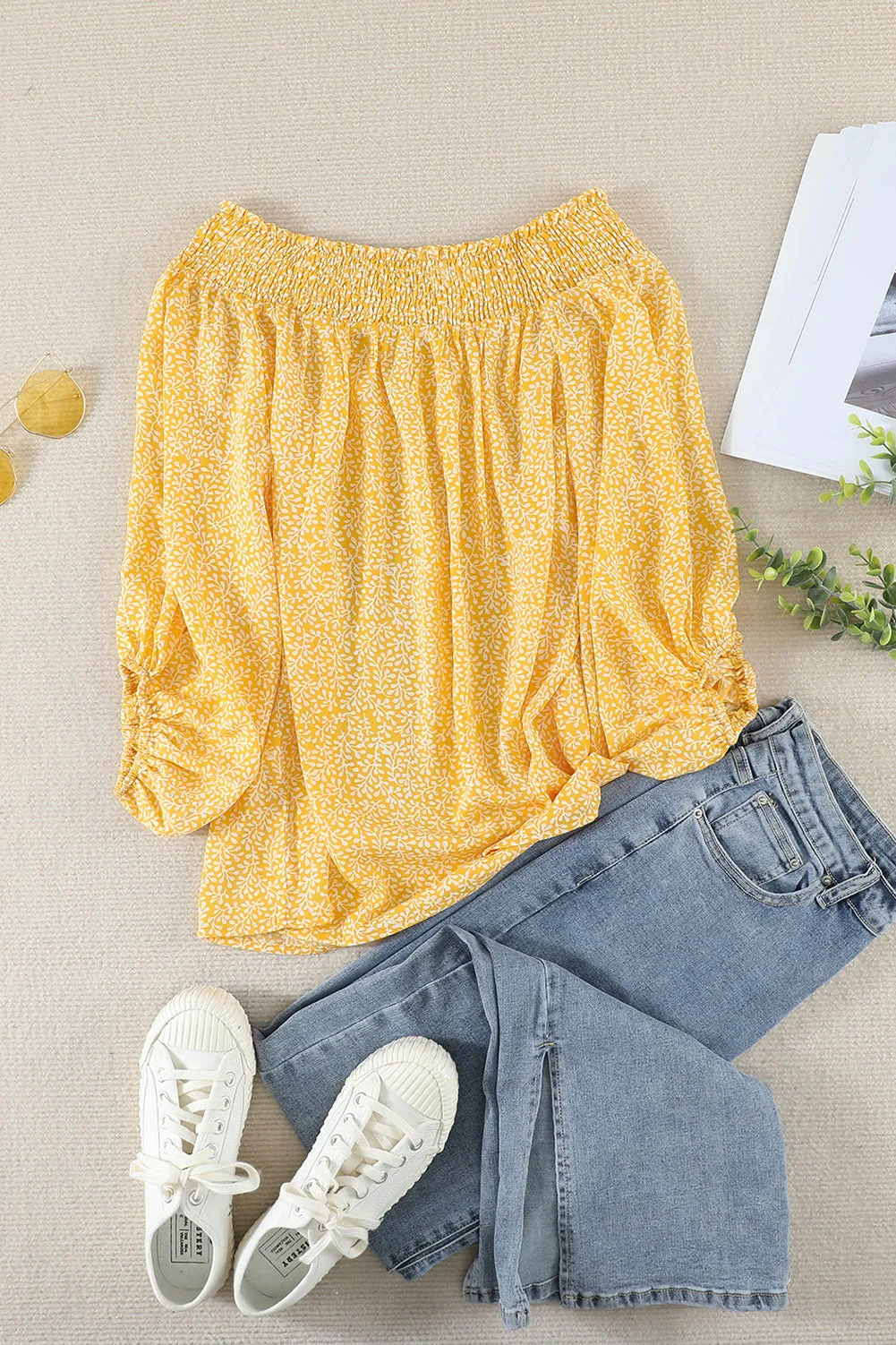 Off Shoulder Floral Print Lantern Sleeve Blouse