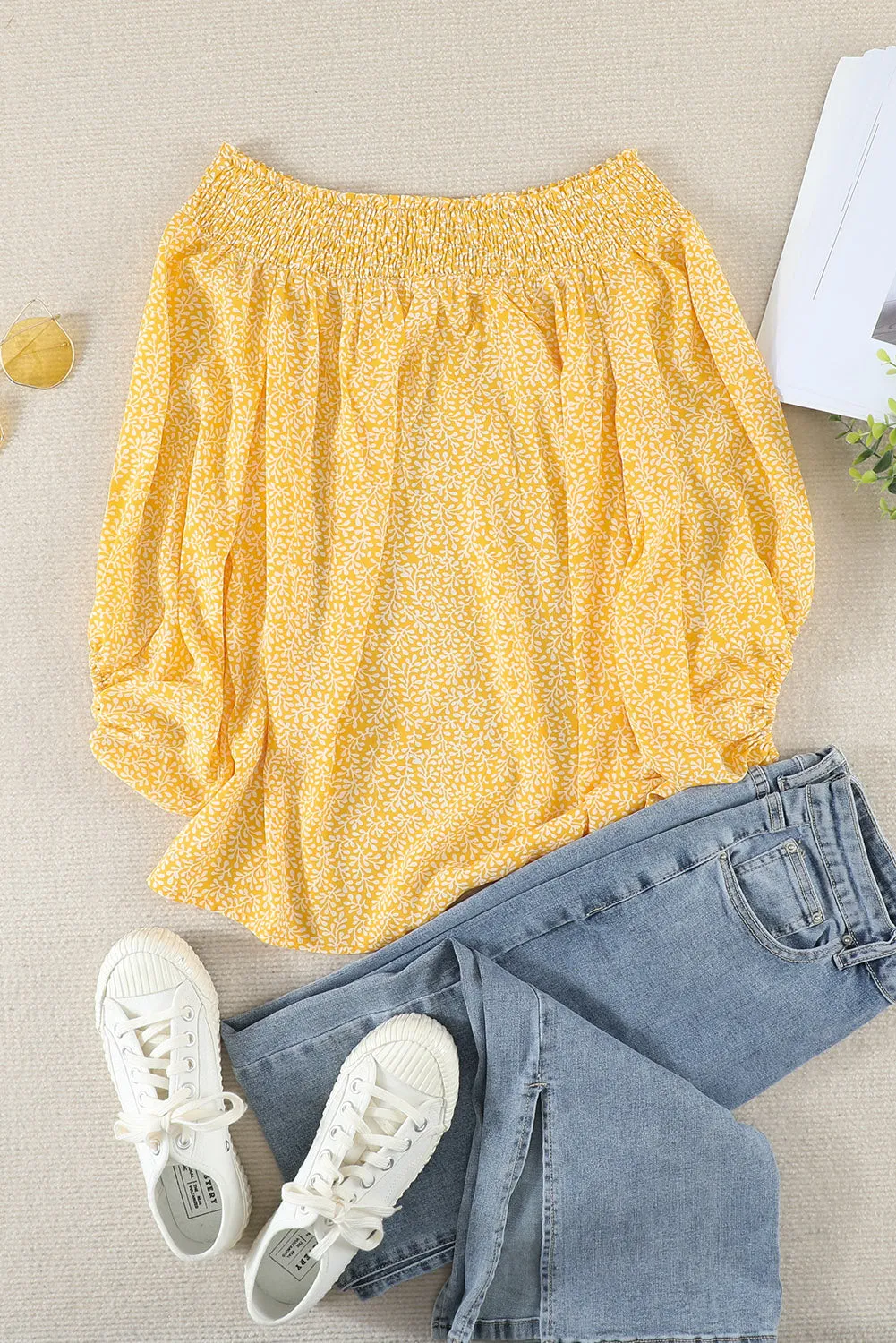 Off Shoulder Floral Print Lantern Sleeve Blouse