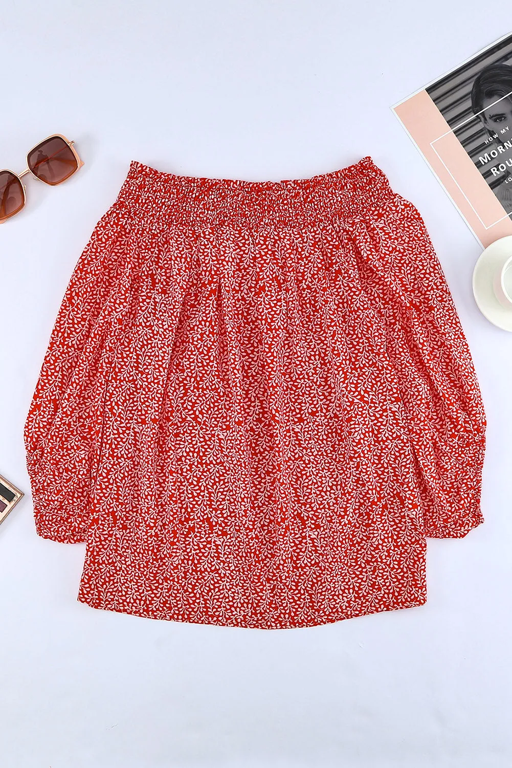 Off Shoulder Floral Print Lantern Sleeve Blouse