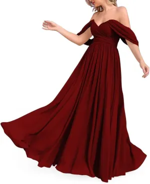 Off The Shoulder Bridesmaid Dresses for Wedding Ruched Chiffon Formal Evening Party Prom Maxi Gown AN356