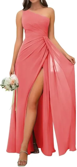 One Shoulder Country Bridesmaid Dresses Ruched Chiffon Prom Formal Evening Maxi Gowns with Slit EZ123