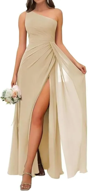 One Shoulder Country Bridesmaid Dresses Ruched Chiffon Prom Formal Evening Maxi Gowns with Slit EZ123