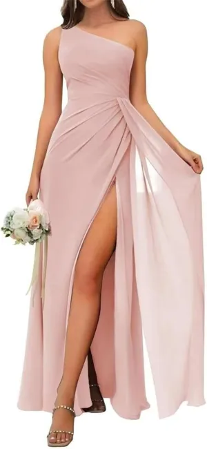 One Shoulder Country Bridesmaid Dresses Ruched Chiffon Prom Formal Evening Maxi Gowns with Slit EZ123