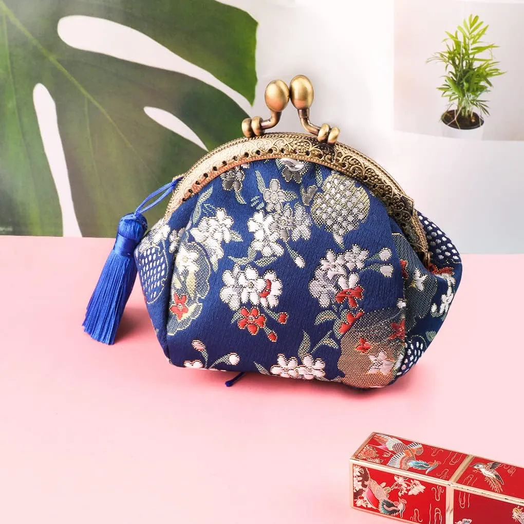 Oyachic Embroider Coin Purse Vintage Wallets Canvas Change Pouch Floral Trinkets Small Kiss Lock Clasp Handbag Jewelry Bag Tassels Women
