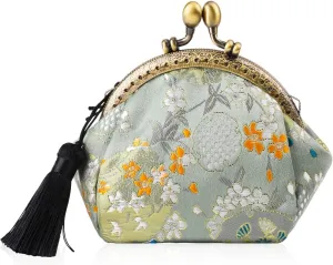 Oyachic Embroider Coin Purse Vintage Wallets Canvas Change Pouch Floral Trinkets Small Kiss Lock Clasp Handbag Jewelry Bag Tassels Women