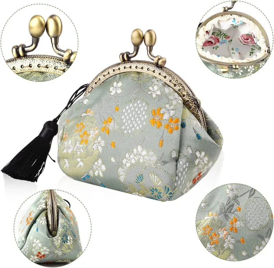 Oyachic Embroider Coin Purse Vintage Wallets Canvas Change Pouch Floral Trinkets Small Kiss Lock Clasp Handbag Jewelry Bag Tassels Women