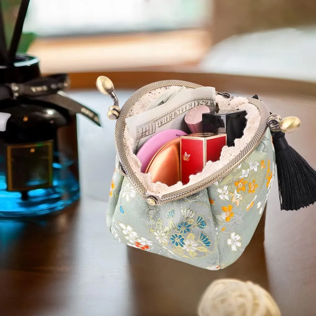 Oyachic Embroider Coin Purse Vintage Wallets Canvas Change Pouch Floral Trinkets Small Kiss Lock Clasp Handbag Jewelry Bag Tassels Women