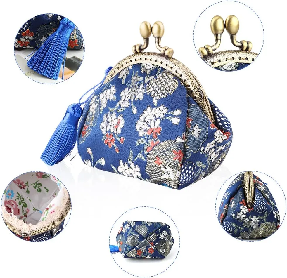 Oyachic Embroider Coin Purse Vintage Wallets Canvas Change Pouch Floral Trinkets Small Kiss Lock Clasp Handbag Jewelry Bag Tassels Women