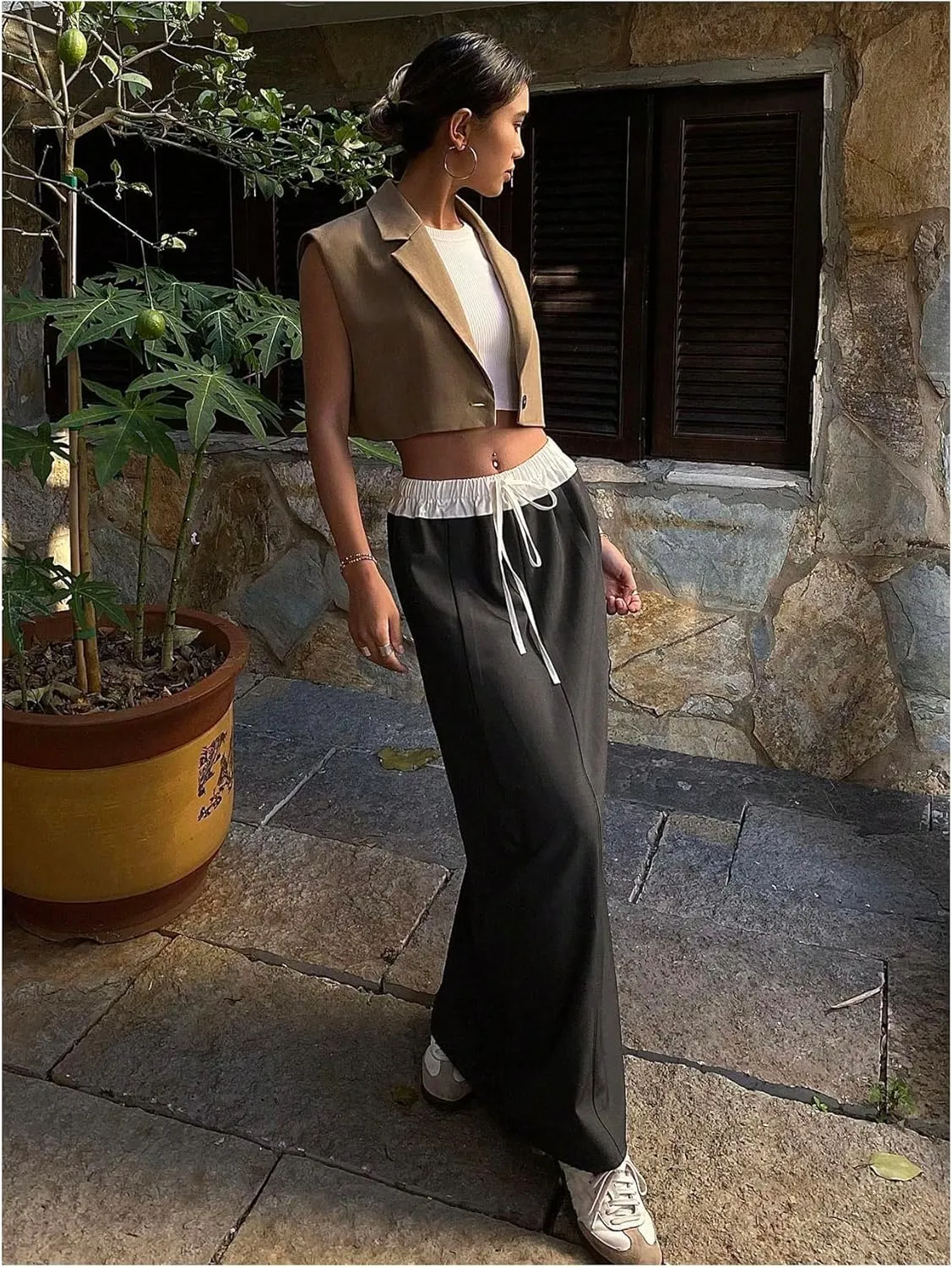 OYOANGLE Women's Color Block Drawstring Elastic Waist Maxi Skirt Split Back Tie Front Casual Long Skirts