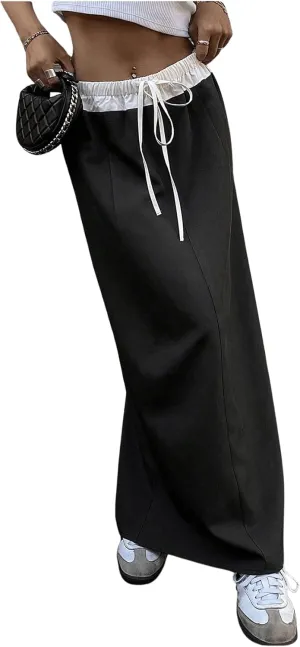 OYOANGLE Women's Color Block Drawstring Elastic Waist Maxi Skirt Split Back Tie Front Casual Long Skirts