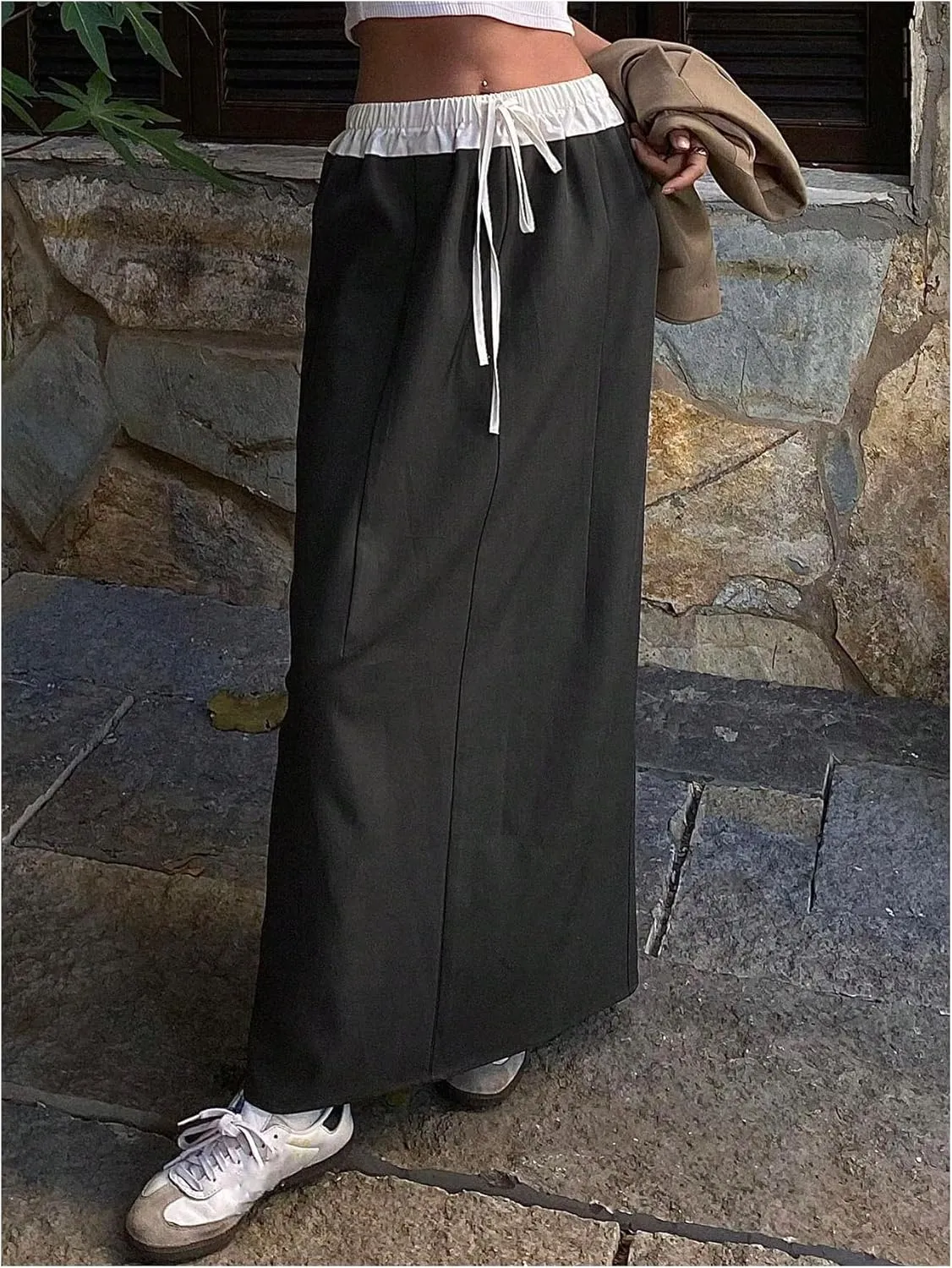 OYOANGLE Women's Color Block Drawstring Elastic Waist Maxi Skirt Split Back Tie Front Casual Long Skirts