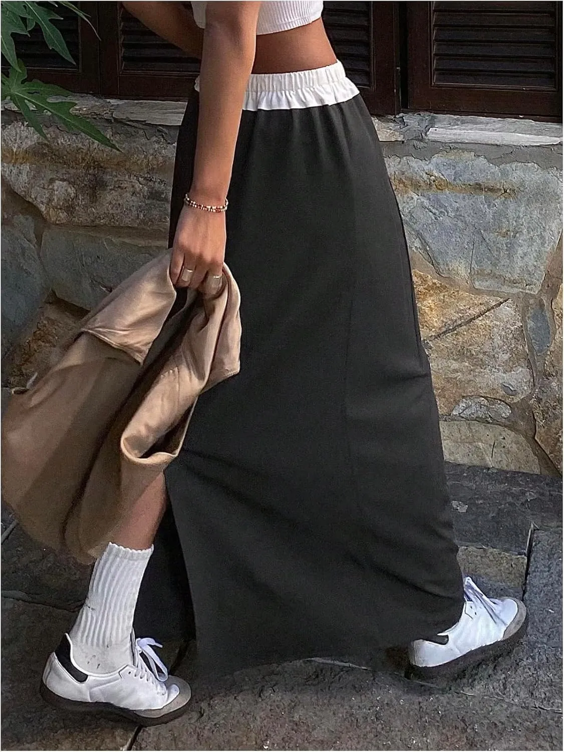 OYOANGLE Women's Color Block Drawstring Elastic Waist Maxi Skirt Split Back Tie Front Casual Long Skirts