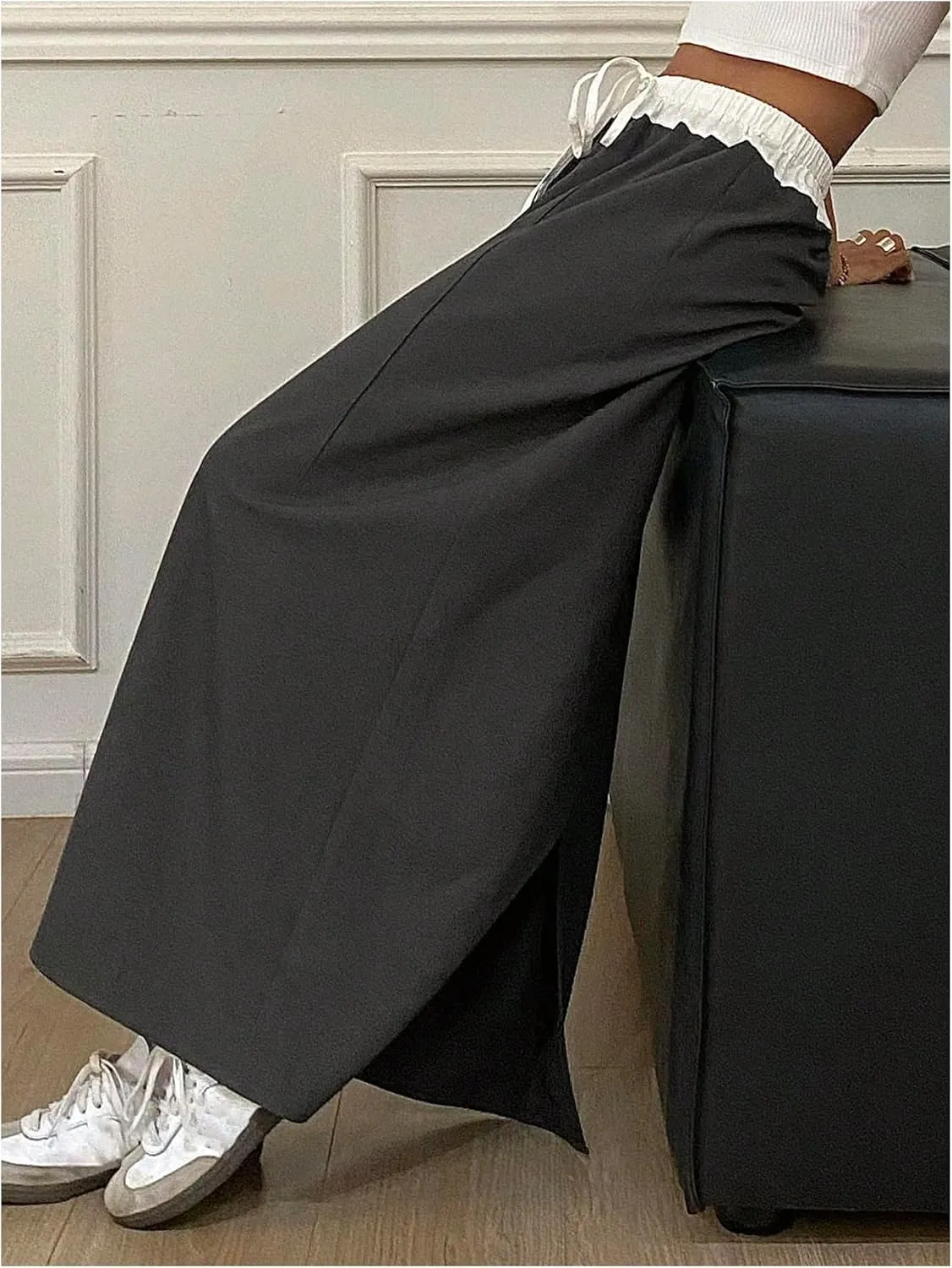 OYOANGLE Women's Color Block Drawstring Elastic Waist Maxi Skirt Split Back Tie Front Casual Long Skirts