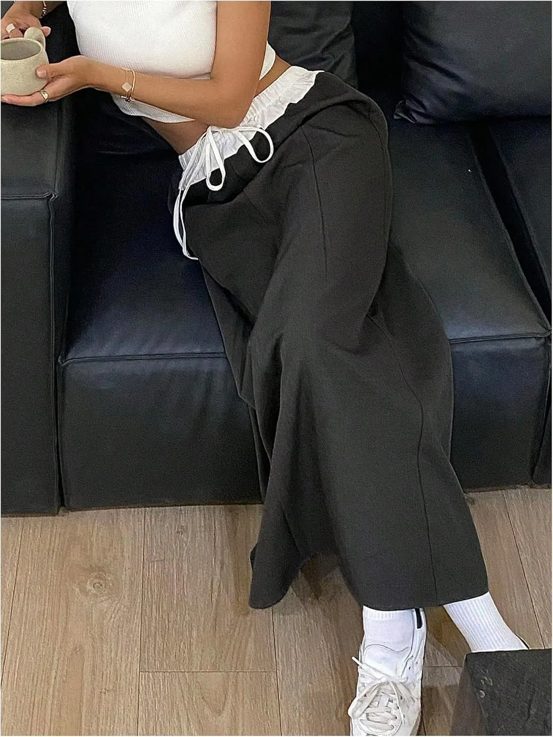 OYOANGLE Women's Color Block Drawstring Elastic Waist Maxi Skirt Split Back Tie Front Casual Long Skirts
