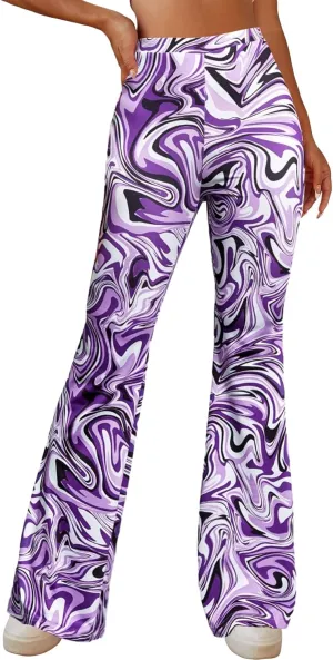 OYOANGLE Women's Floral Print High Waist Yoga Pants Wide Leg Pants Bell Bottom Trousers