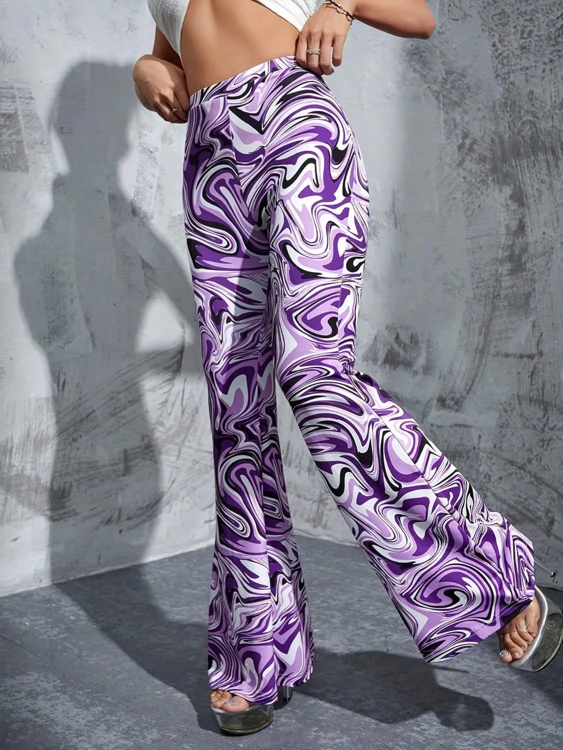 OYOANGLE Women's Floral Print High Waist Yoga Pants Wide Leg Pants Bell Bottom Trousers