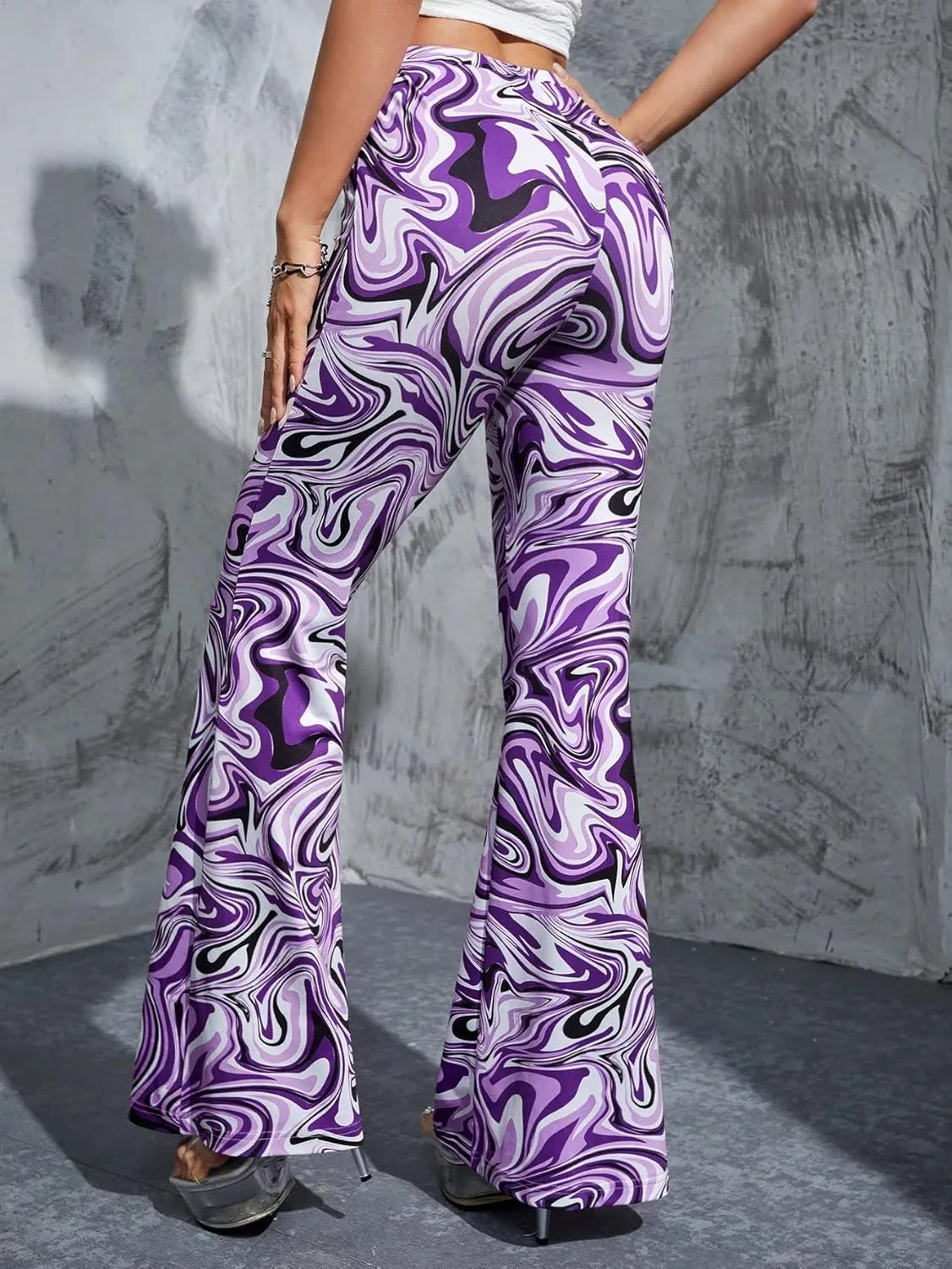 OYOANGLE Women's Floral Print High Waist Yoga Pants Wide Leg Pants Bell Bottom Trousers