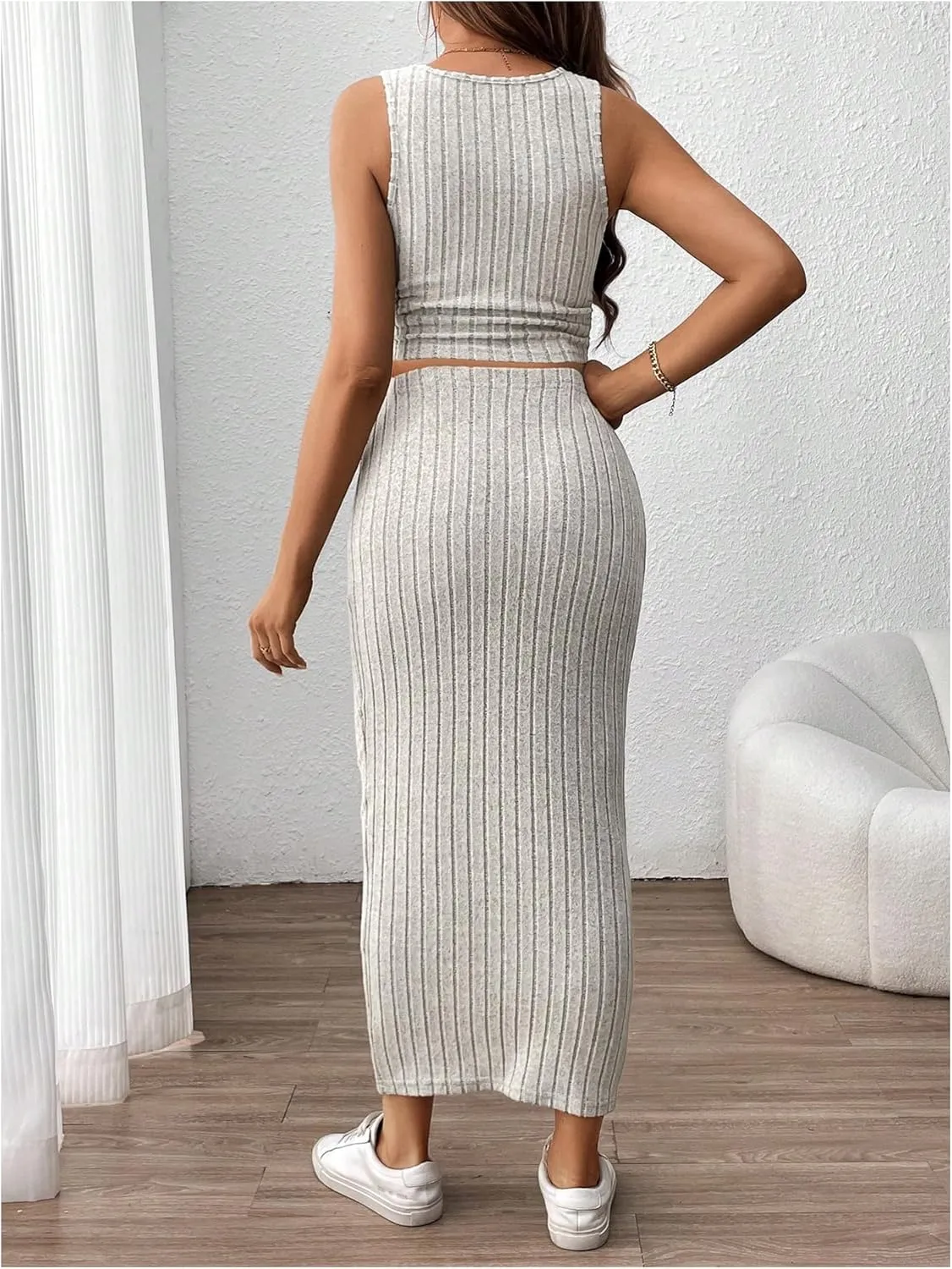 OYOANGLE Women's Maternity Two Piece Outfits Ribbed Knit Ruched Tank Top and Bodycon Long Skirt Set