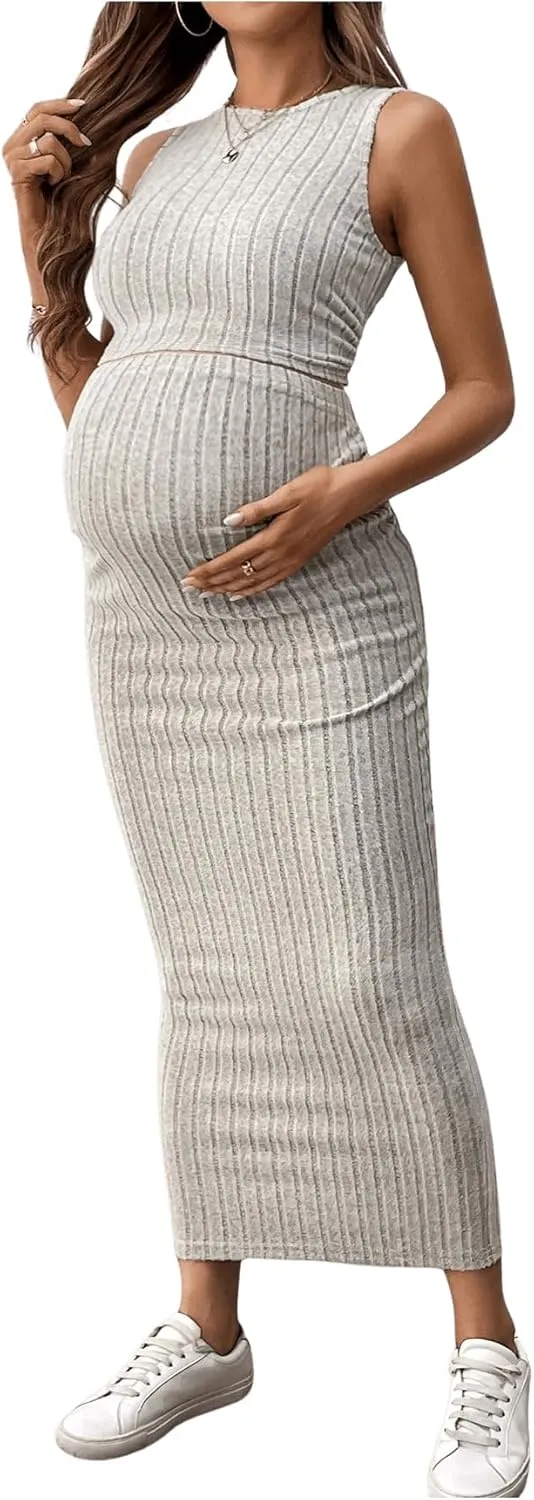 OYOANGLE Women's Maternity Two Piece Outfits Ribbed Knit Ruched Tank Top and Bodycon Long Skirt Set