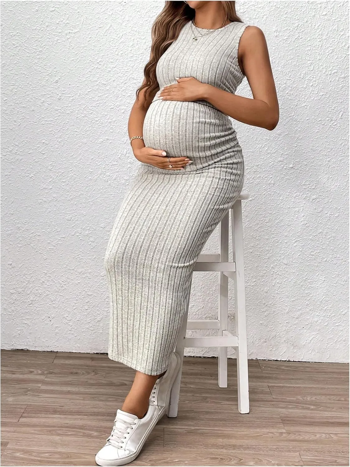 OYOANGLE Women's Maternity Two Piece Outfits Ribbed Knit Ruched Tank Top and Bodycon Long Skirt Set