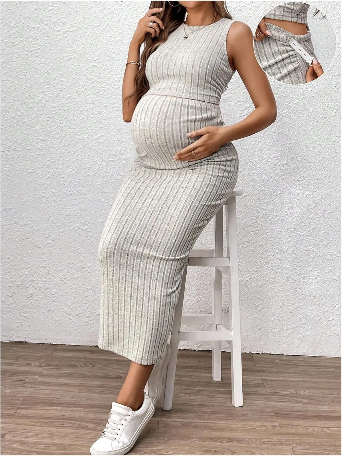 OYOANGLE Women's Maternity Two Piece Outfits Ribbed Knit Ruched Tank Top and Bodycon Long Skirt Set