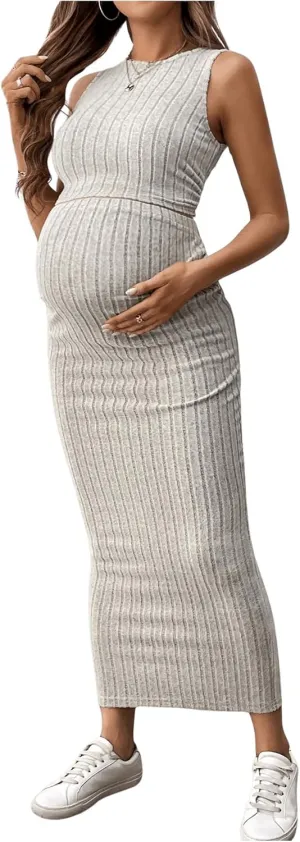 OYOANGLE Women's Maternity Two Piece Outfits Ribbed Knit Ruched Tank Top and Bodycon Long Skirt Set