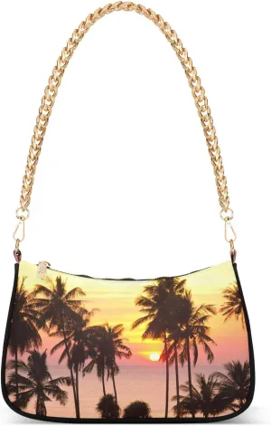 Palm Tree Tropical Sun Shoulder Handbags for Women Travel Hobo Tote Handbag Women Gold Chain Shoulder Bags Purse with Zipper Closure