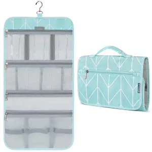 PAVILIA Hanging Toiletry Bag Women Men, Travel Kit Foldable Large Toiletries Organizer, Roll up Cosmetics Makeup Bag Accessories, Waterproof Essentials Jewelry Case (Teal Chevron)