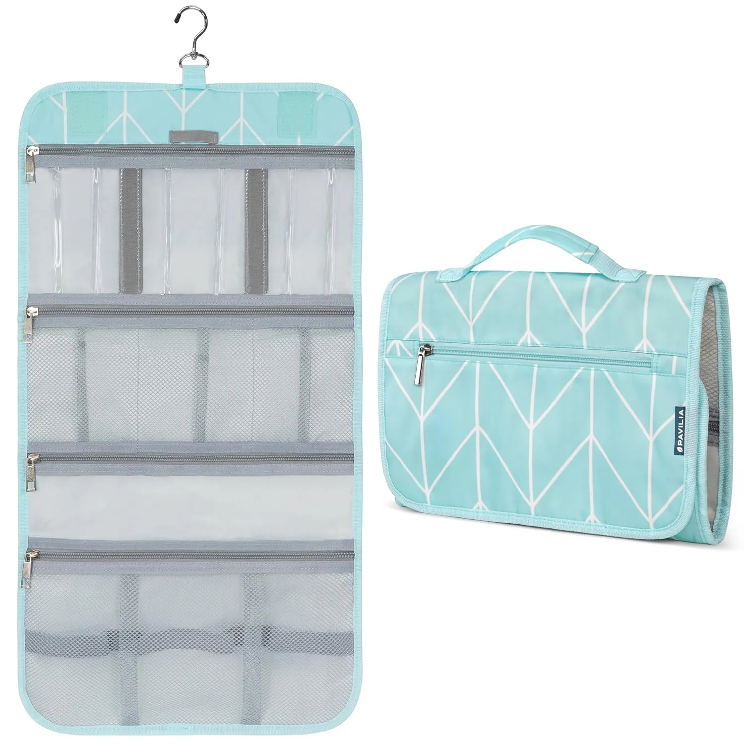 PAVILIA Hanging Toiletry Bag Women Men, Travel Kit Foldable Large Toiletries Organizer, Roll up Cosmetics Makeup Bag Accessories, Waterproof Essentials Jewelry Case (Teal Chevron)